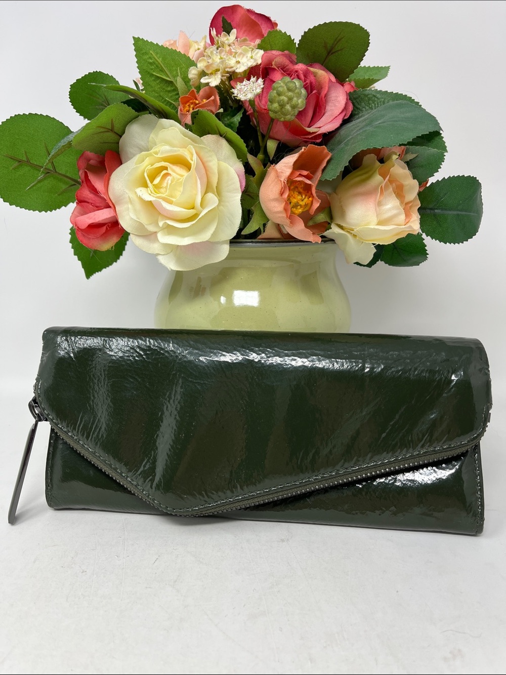 HOBO INTERNATIONAL CLUTCH WALLET ASYMMETRICAL ZIPPER PATENT LEATHER FOREST GREEN